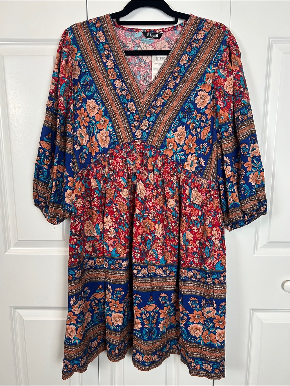 BTFBM Boho Blue & Red Floral Midi Dress Size Large